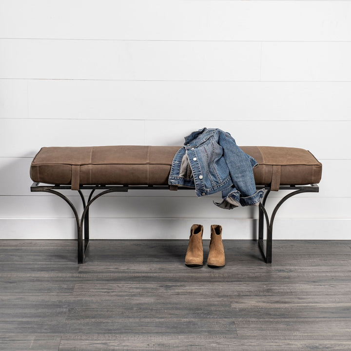Jessie 55L x 16W Brown Leather Seat W/Black Metal Base Accent Bench Living Room Mercana