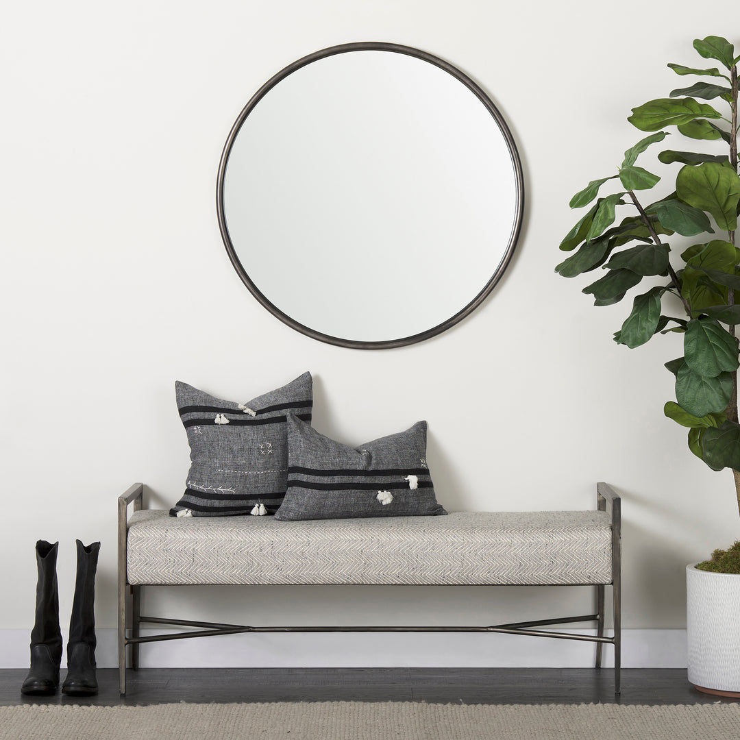 Charlotte 55.0L Gray Herringbone Fabric Seat w/ Antique Nickel Metal Frame Bench Decor Mercana