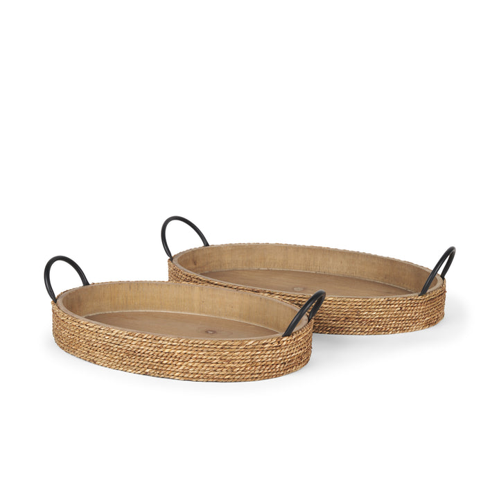 Wheaton Light Brown Wood w/ Natural Jute Serving Trays Decor Mercana
