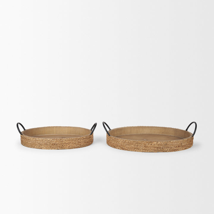 Wheaton Light Brown Wood w/ Natural Jute Serving Trays Decor Mercana