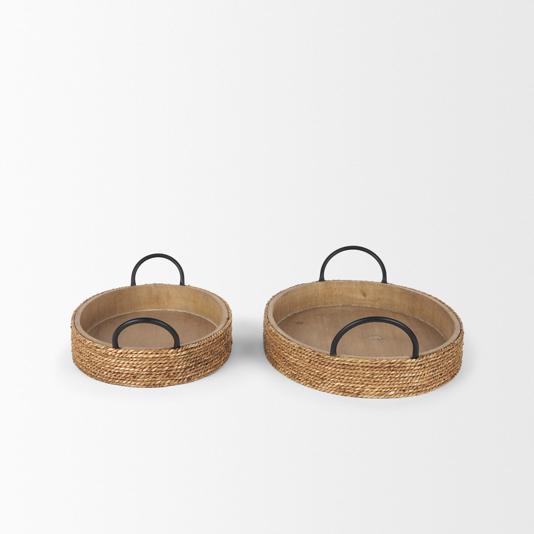 Wheaton Light Brown Wood w/ Natural Jute Serving Trays Decor Mercana