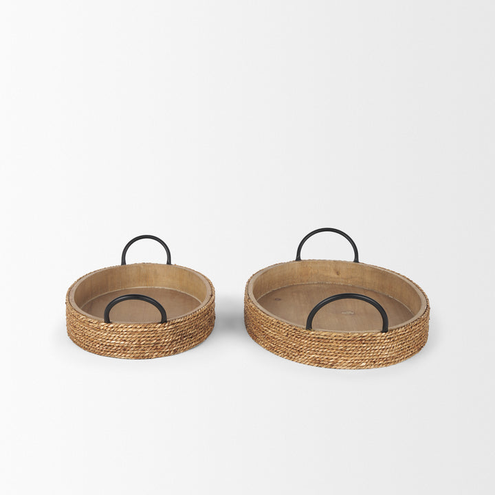 Wheaton Light Brown Wood w/ Natural Jute Serving Trays Decor Mercana