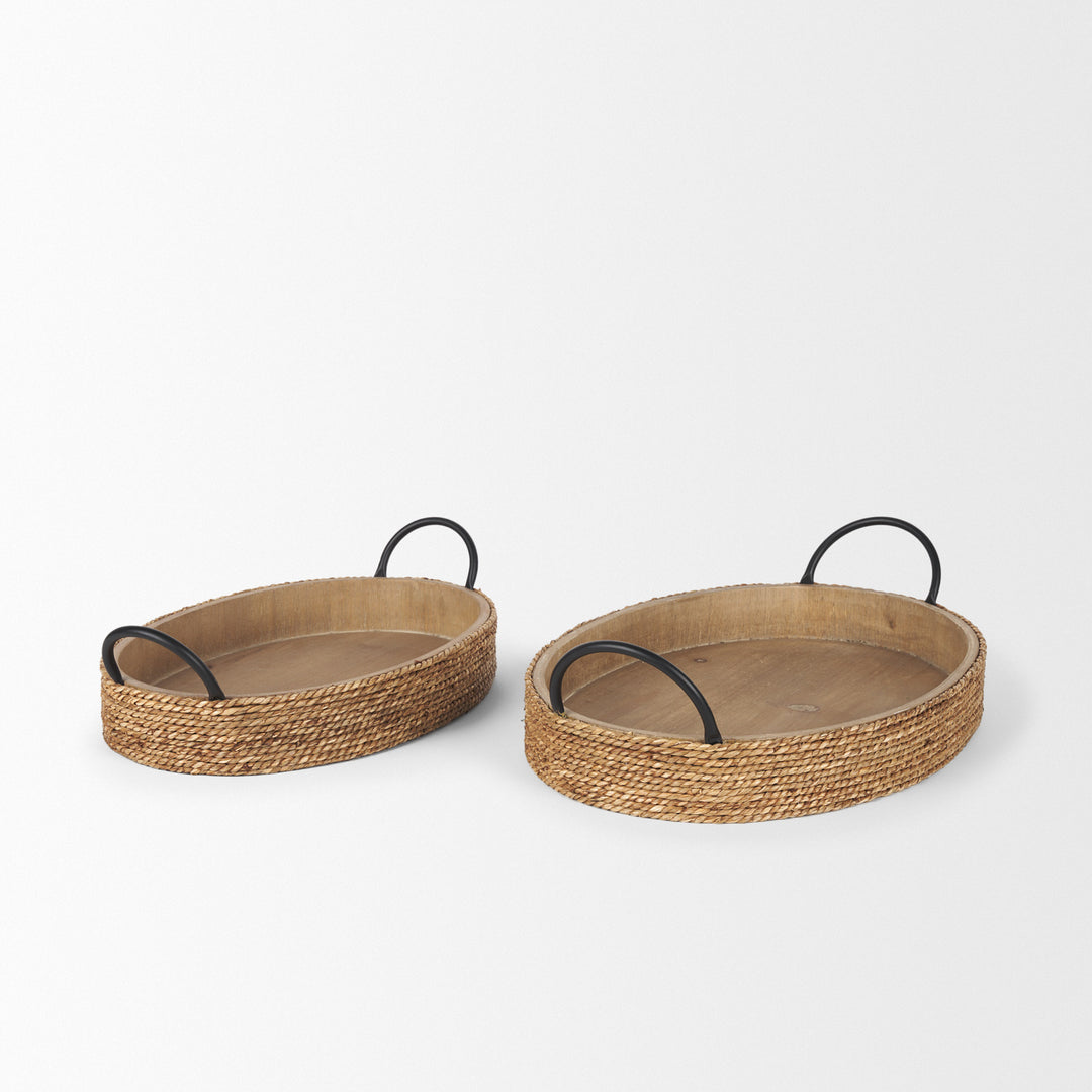 Wheaton Light Brown Wood w/ Natural Jute Serving Trays Decor Mercana