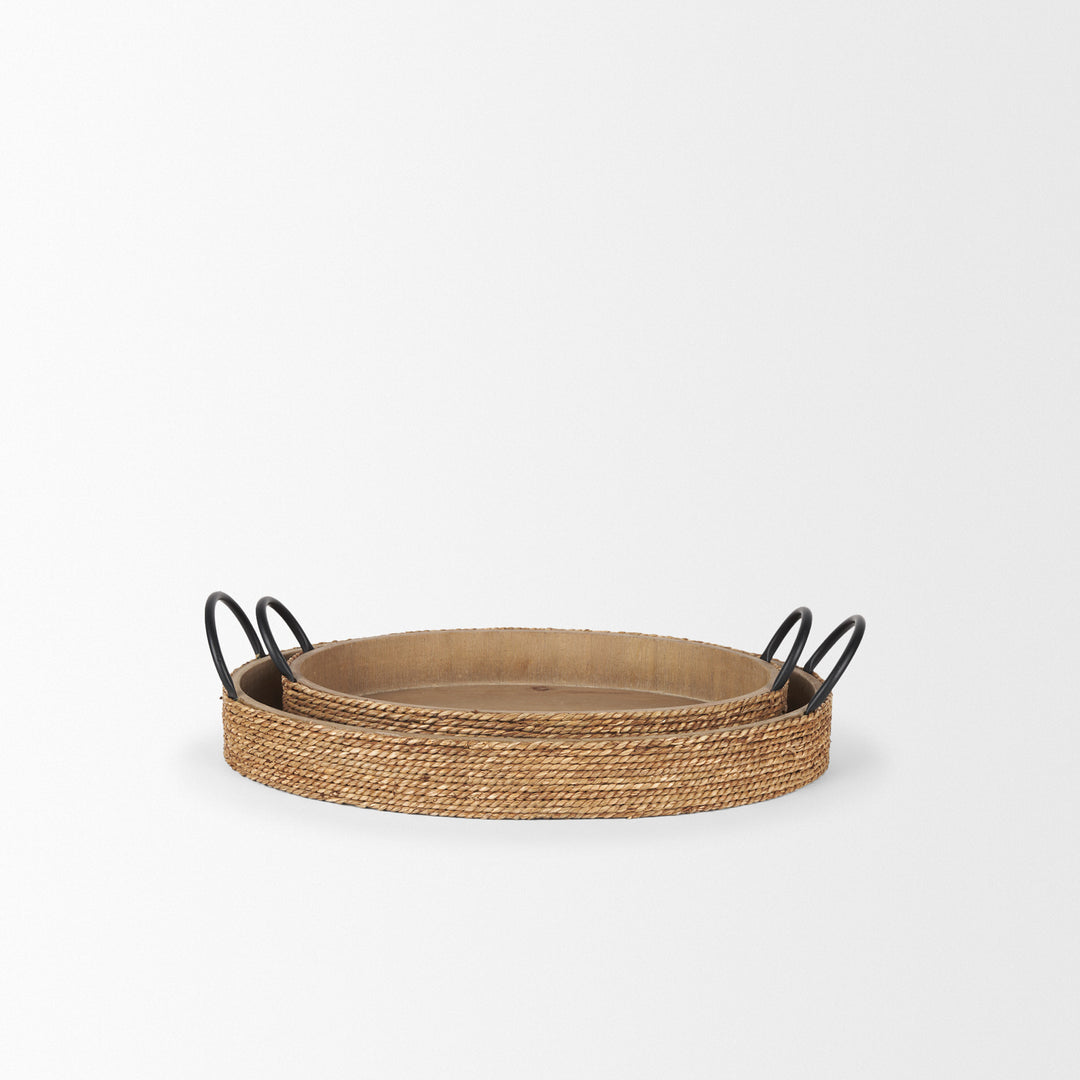 Wheaton Light Brown Wood w/ Natural Jute Serving Trays Decor Mercana