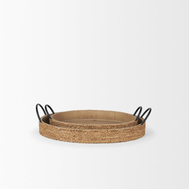Wheaton Light Brown Wood w/ Natural Jute Serving Trays Decor Mercana