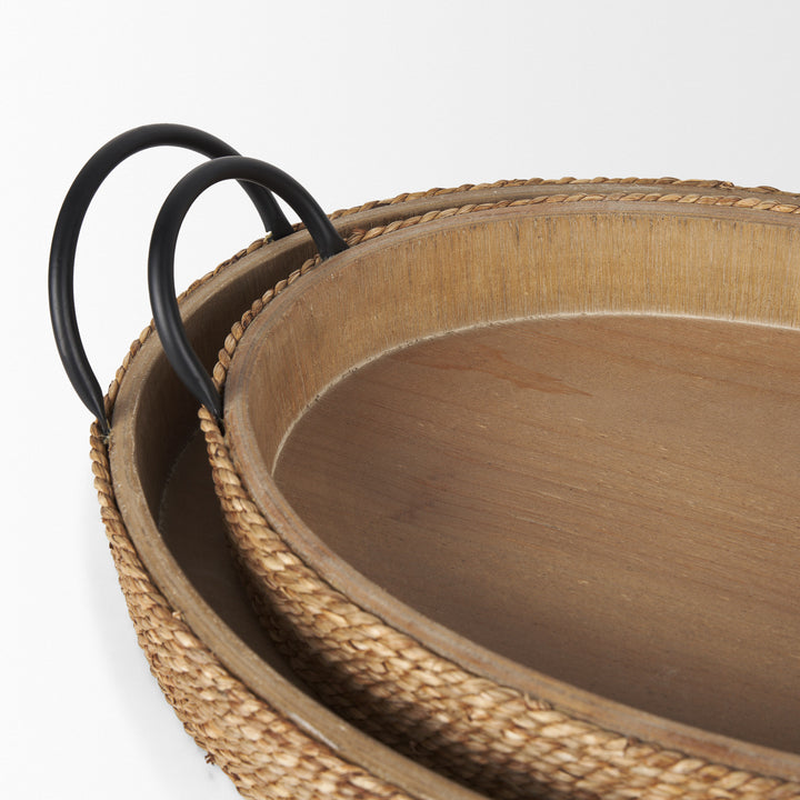 Wheaton Light Brown Wood w/ Natural Jute Serving Trays Decor Mercana
