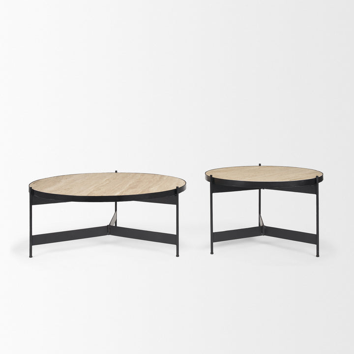 Wade Travertine Marble w/ Matte Black Metal Coffee Tables Living Room Mercana