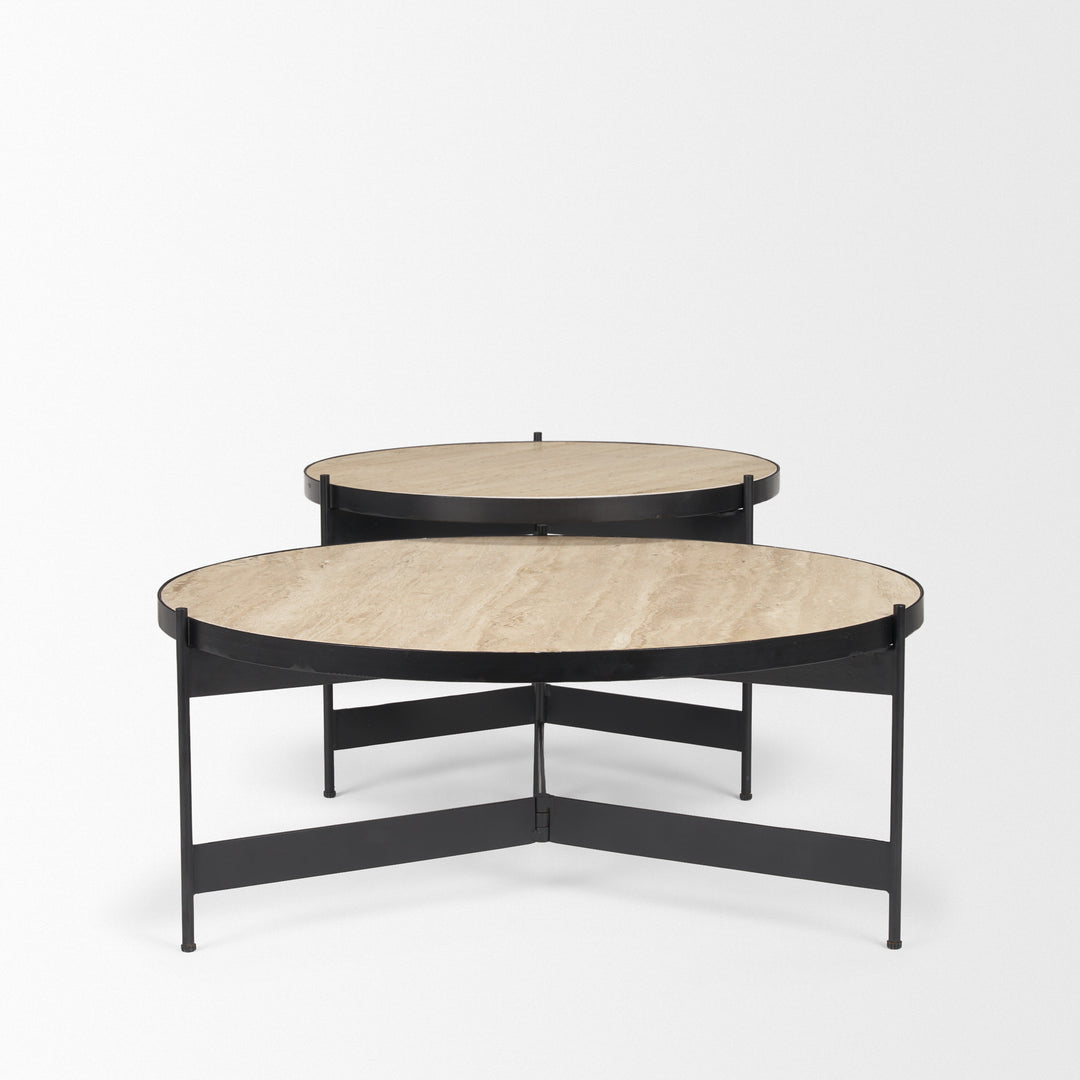 Wade Travertine Marble w/ Matte Black Metal Coffee Tables Living Room Mercana