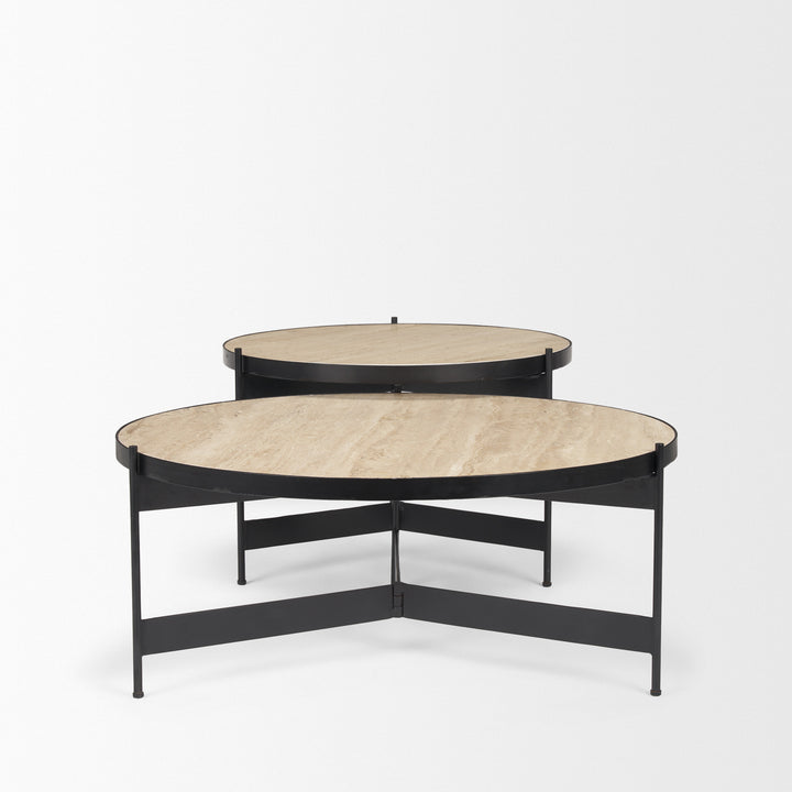Wade Travertine Marble w/ Matte Black Metal Coffee Tables Living Room Mercana
