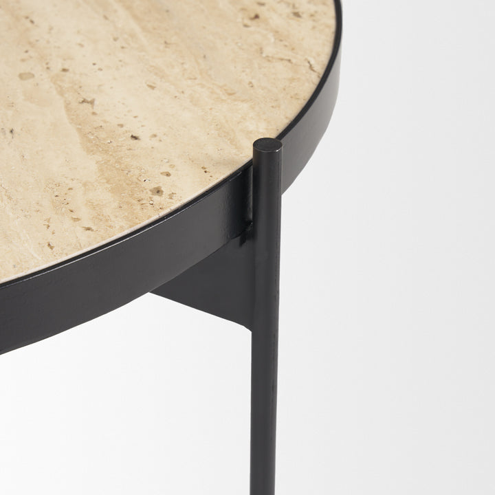 Wade Travertine Marble w/ Matte Black Metal Coffee Tables Living Room Mercana