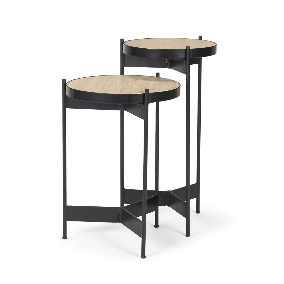 Wade Travertine Marble w/ Matte Black Metal End Tables Living Room Mercana