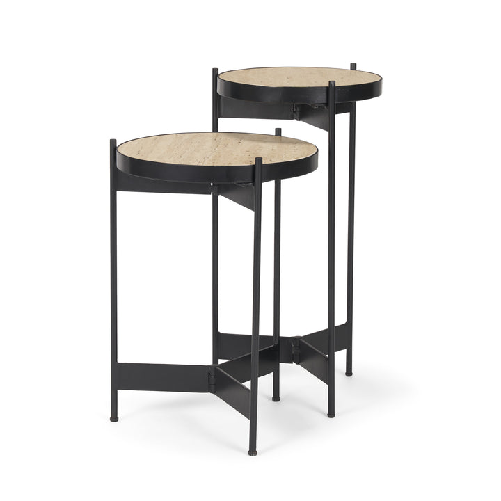 Wade Travertine Marble w/ Matte Black Metal End Tables Living Room Mercana
