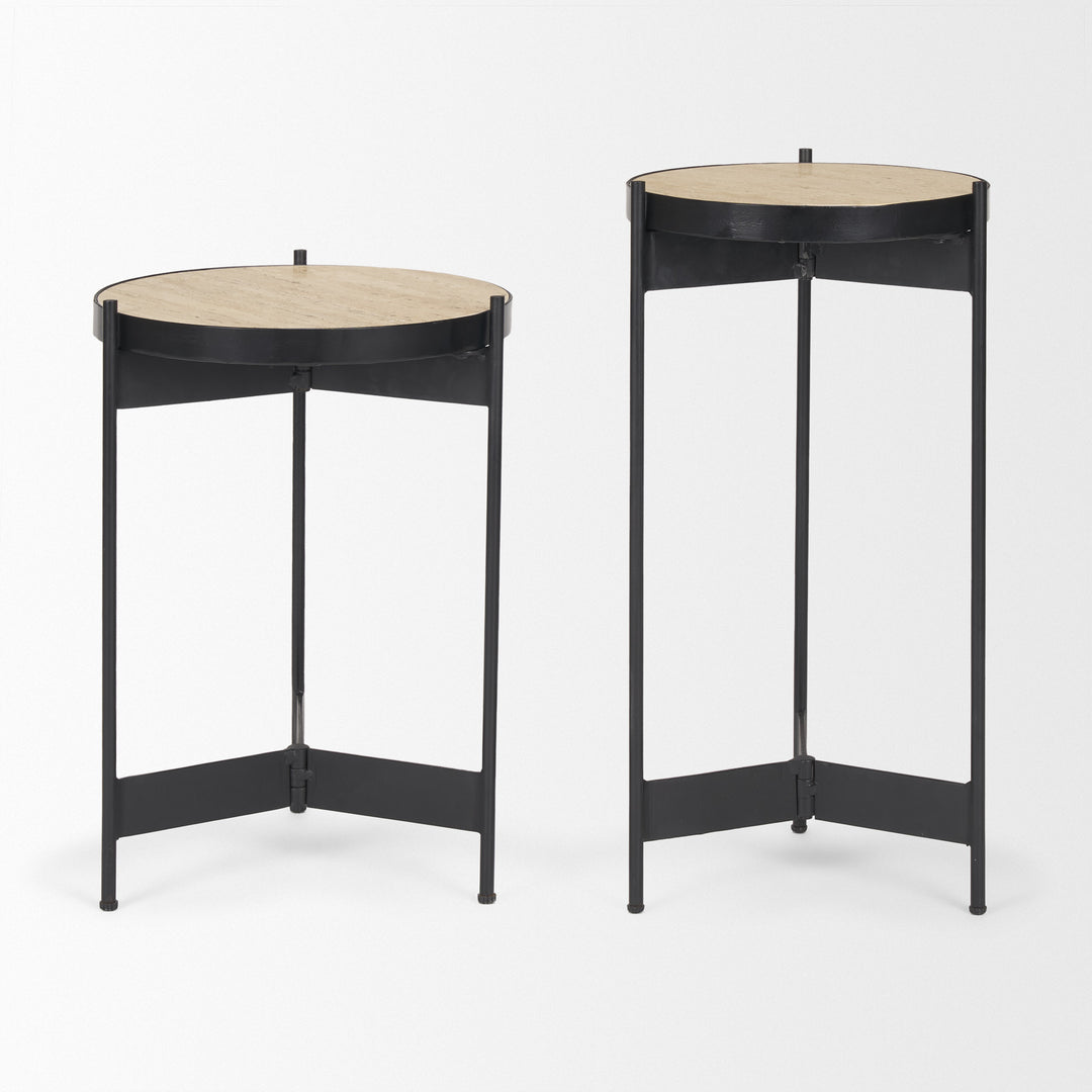Wade Travertine Marble w/ Matte Black Metal End Tables Living Room Mercana