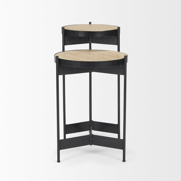 Wade Travertine Marble w/ Matte Black Metal End Tables Living Room Mercana