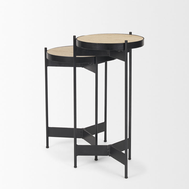 Wade Travertine Marble w/ Matte Black Metal End Tables Living Room Mercana