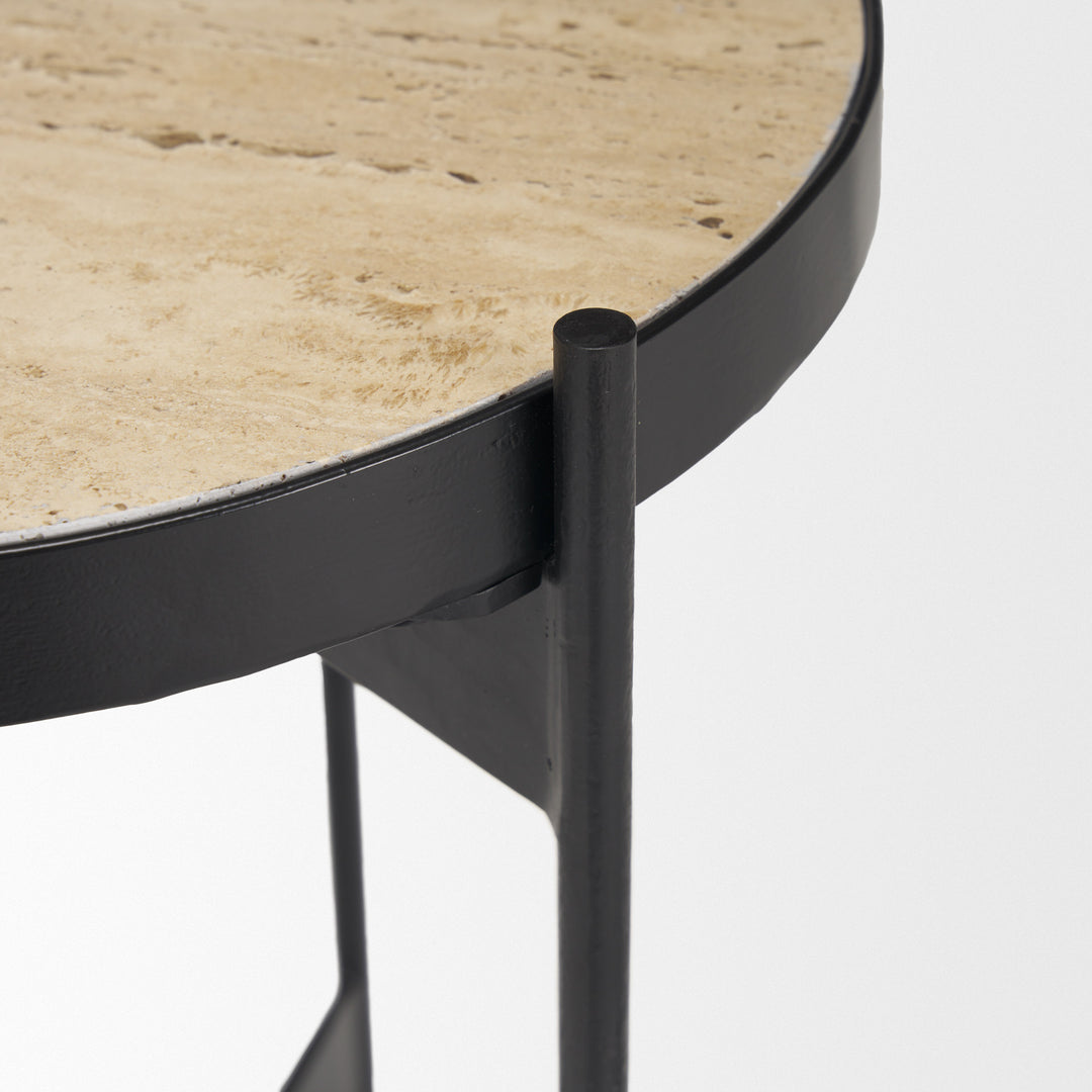 Wade Travertine Marble w/ Matte Black Metal End Tables Living Room Mercana