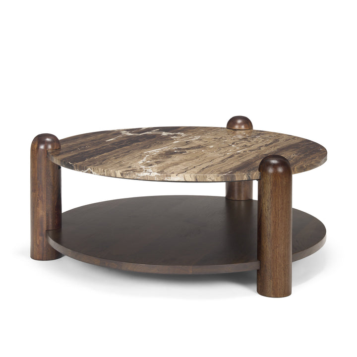 Jovia Brown Mango Wood W/ Cappuccino Marble Round Coffee Table Living Room Mercana