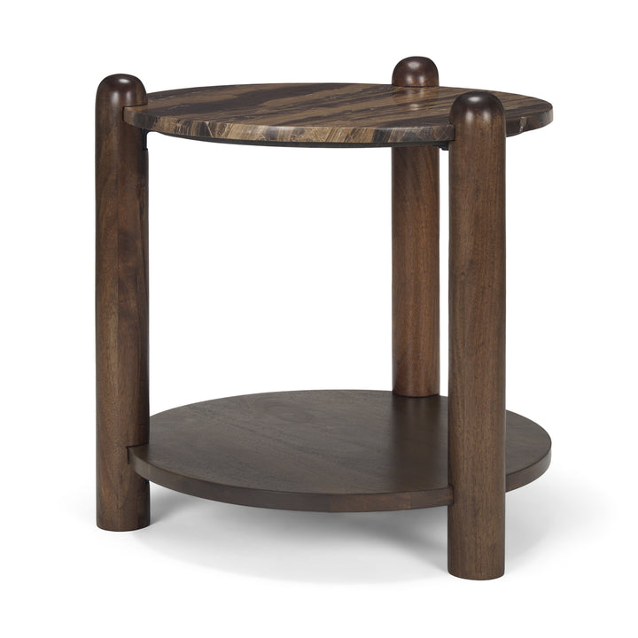 Jovia Brown Mango Wood W/ Cappuccino Marble Round Side Table Living Room Mercana