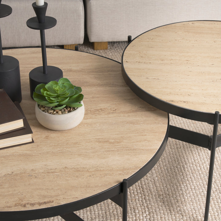 Wade Travertine Marble w/ Matte Black Metal Coffee Tables Living Room Mercana