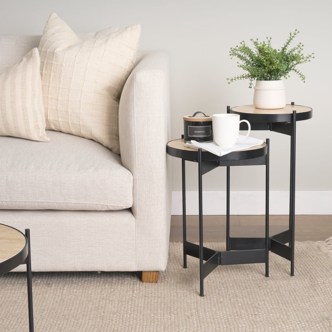Wade Travertine Marble w/ Matte Black Metal End Tables Living Room Mercana