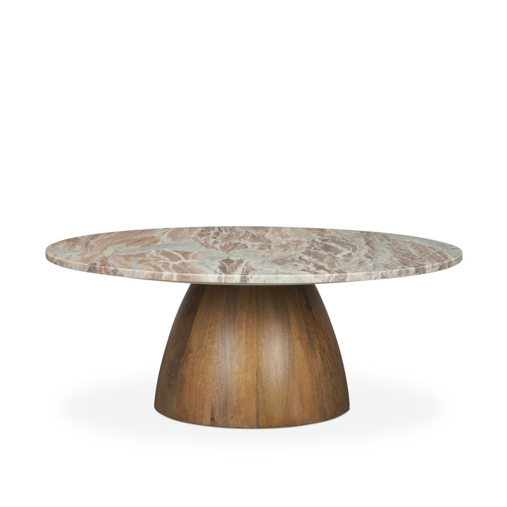 Allyson Round Brown Pedestal w/ Pink Marble Top Coffee Table Living Room Mercana