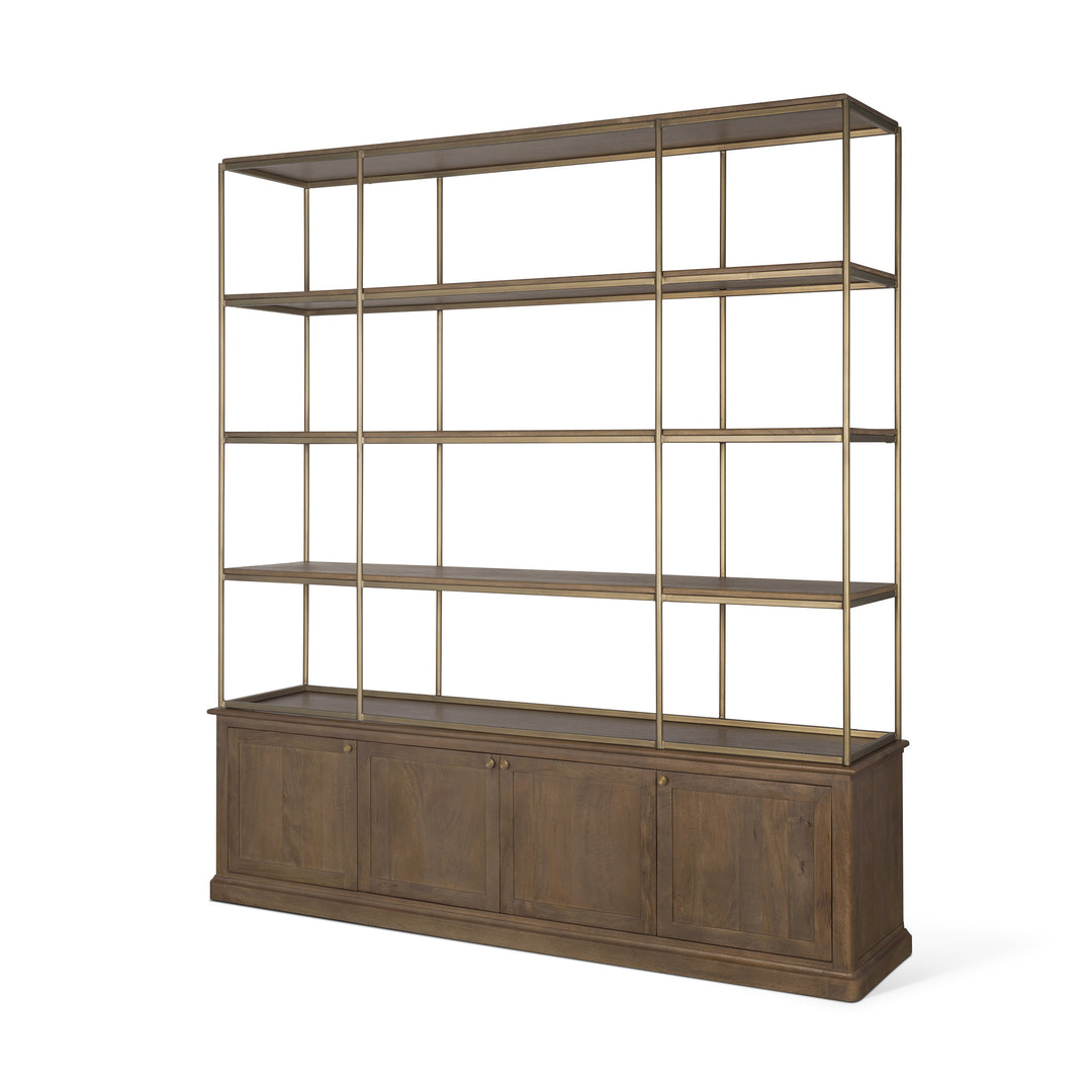 Baron 4-Door Dark Brown Wood w/ Antique Brass Metal Open Shelving Unit Living Room Mercana