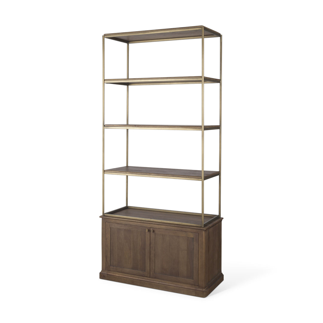 Baron Dark Brown Wood w/ Antiqued Aged Brass Metal 2-Door Open Shelving Unit Living Room Mercana