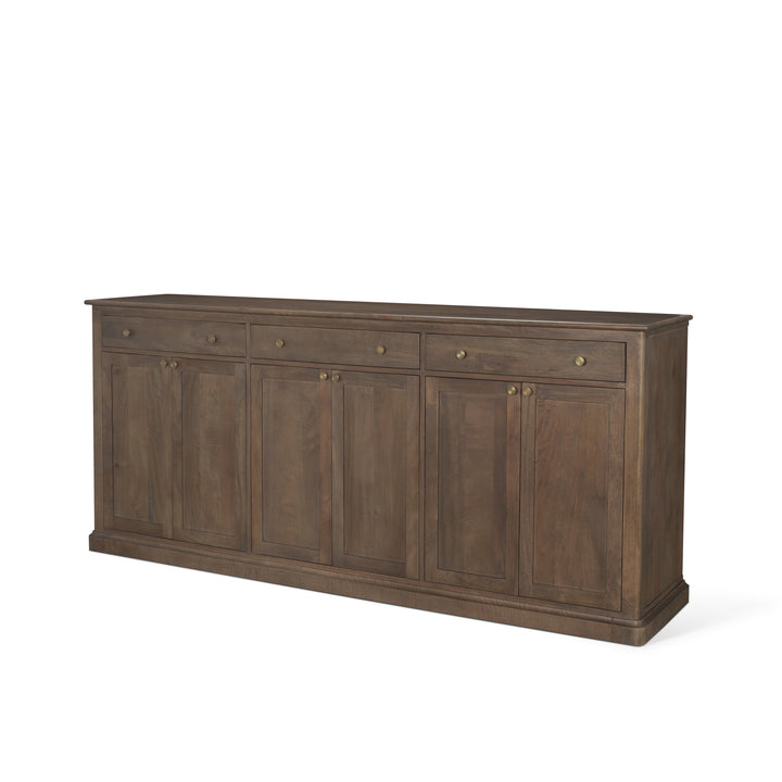 Baron Dark Brown Solid Wood w/ Antiqued Aged Brass Knobs 3-Drawer 6-Door Sideboard Dining Room Mercana
