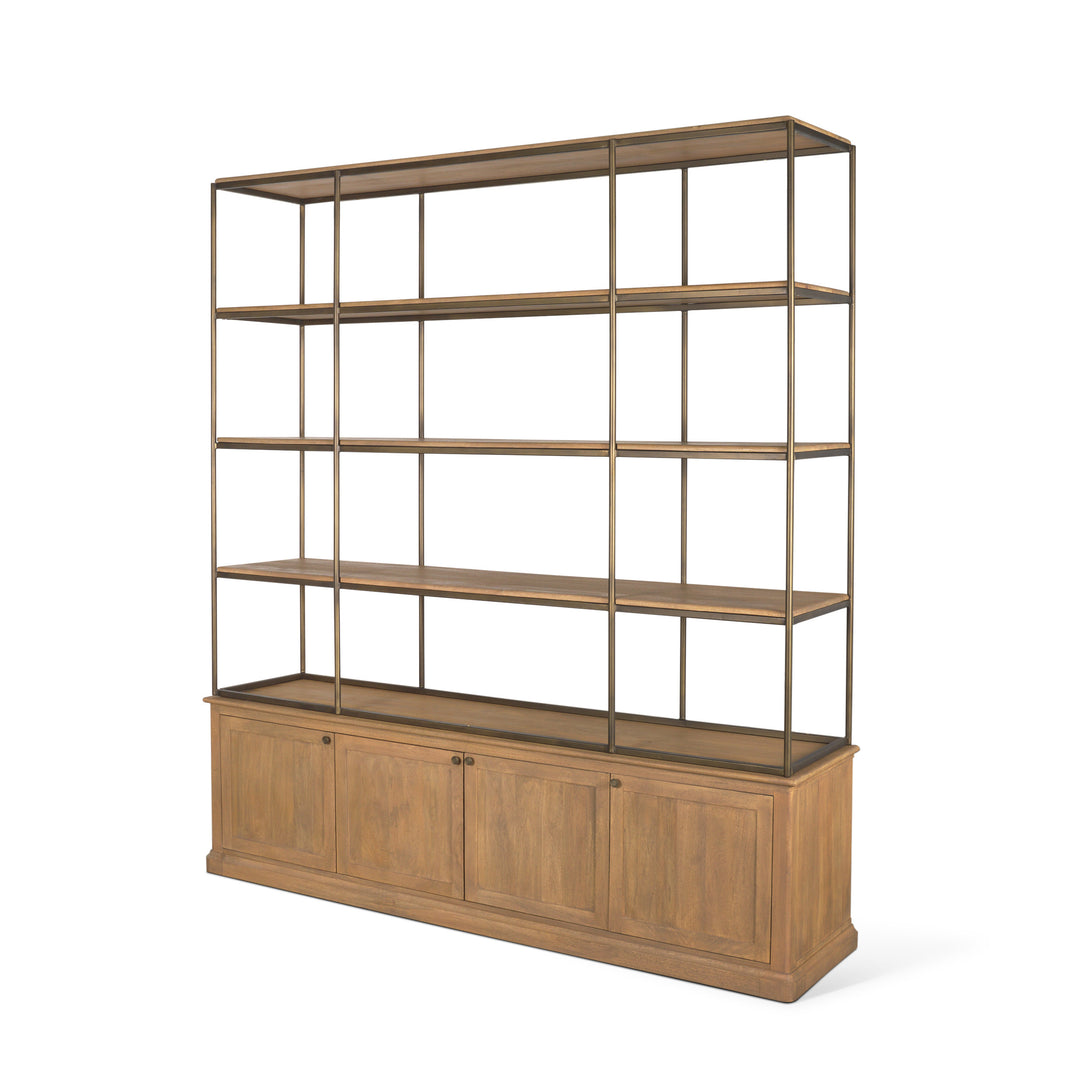 Baron 4-Door Light Brown Wood w/ Gunmetal Open Shelving Unit Living Room Mercana
