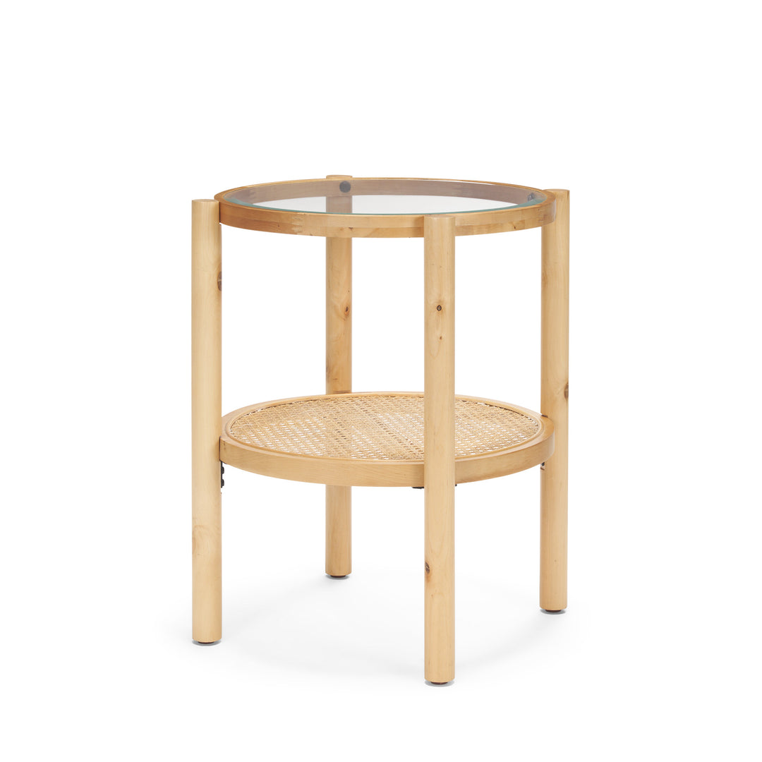Weslyn Solid Light Brown Wood and Glass Top w/ Cane Side Table Living Room Mercana