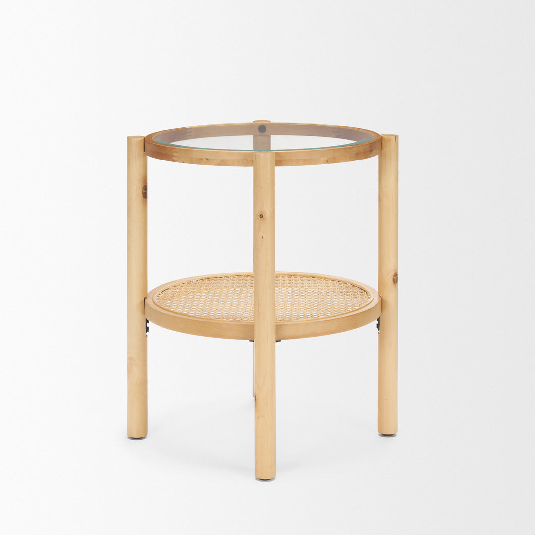 Weslyn Solid Light Brown Wood and Glass Top w/ Cane Side Table Living Room Mercana