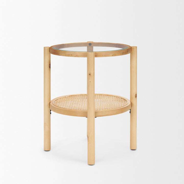 Weslyn Solid Light Brown Wood and Glass Top w/ Cane Side Table Living Room Mercana