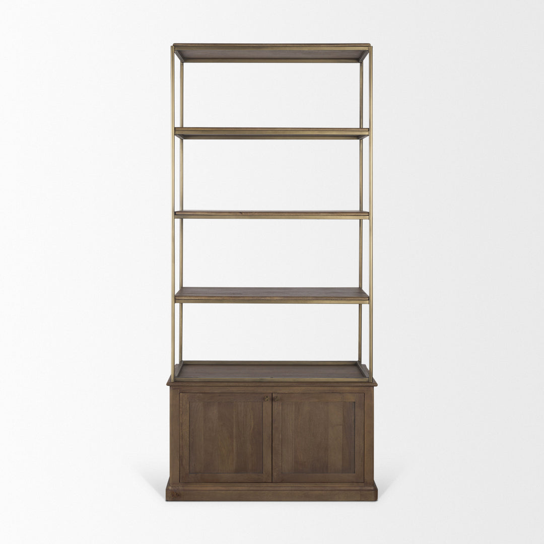 Baron Dark Brown Wood w/ Antiqued Aged Brass Metal 2-Door Open Shelving Unit Living Room Mercana
