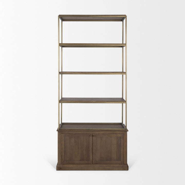 Baron Dark Brown Wood w/ Antiqued Aged Brass Metal 2-Door Open Shelving Unit Living Room Mercana