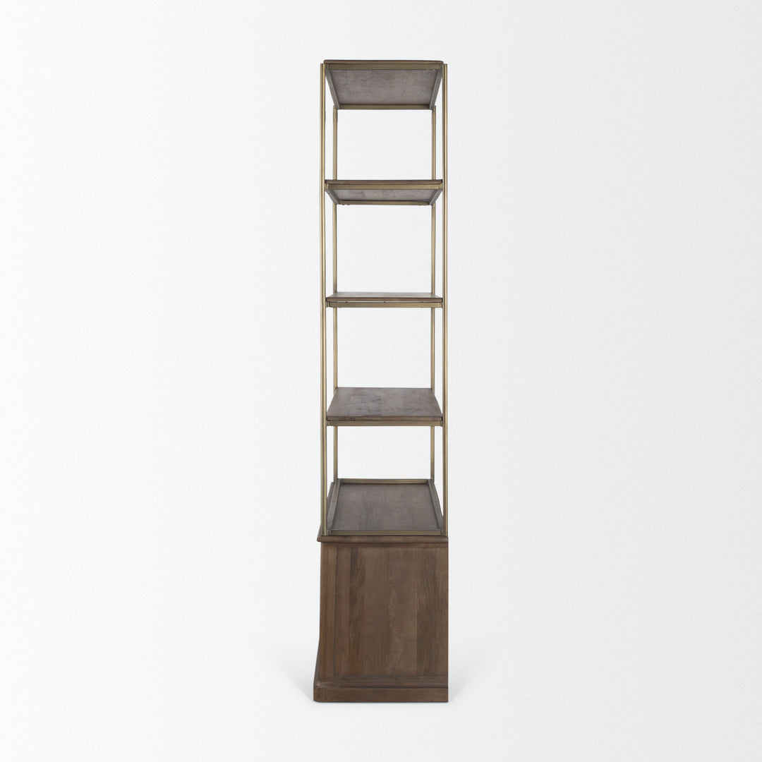 Baron Dark Brown Wood w/ Antiqued Aged Brass Metal 2-Door Open Shelving Unit Living Room Mercana