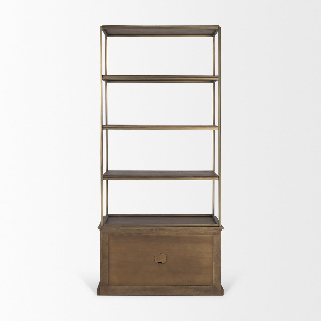 Baron Dark Brown Wood w/ Antiqued Aged Brass Metal 2-Door Open Shelving Unit Living Room Mercana