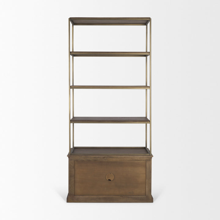 Baron Dark Brown Wood w/ Antiqued Aged Brass Metal 2-Door Open Shelving Unit Living Room Mercana