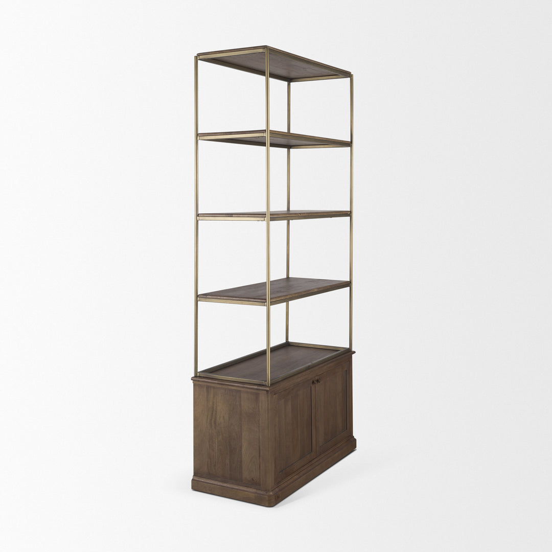 Baron Dark Brown Wood w/ Antiqued Aged Brass Metal 2-Door Open Shelving Unit Living Room Mercana