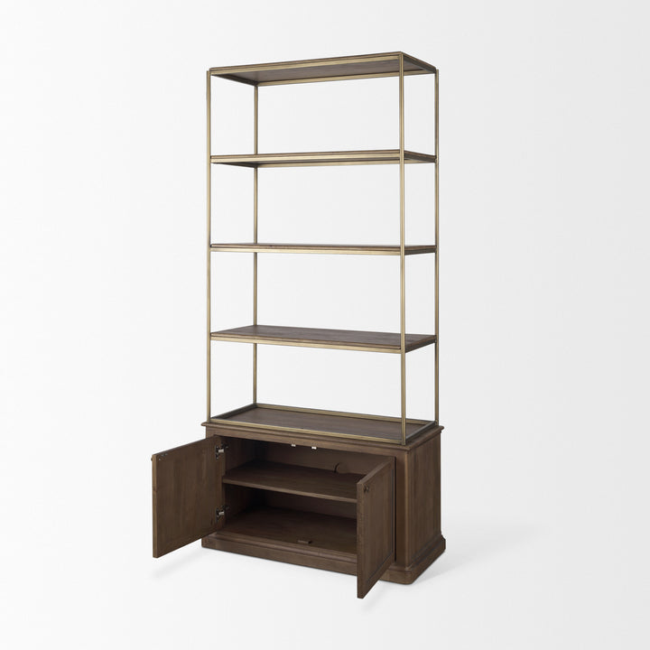 Baron Dark Brown Wood w/ Antiqued Aged Brass Metal 2-Door Open Shelving Unit Living Room Mercana