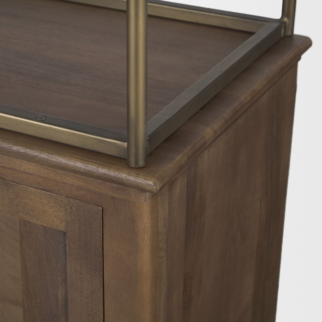 Baron Dark Brown Wood w/ Antiqued Aged Brass Metal 2-Door Open Shelving Unit Living Room Mercana