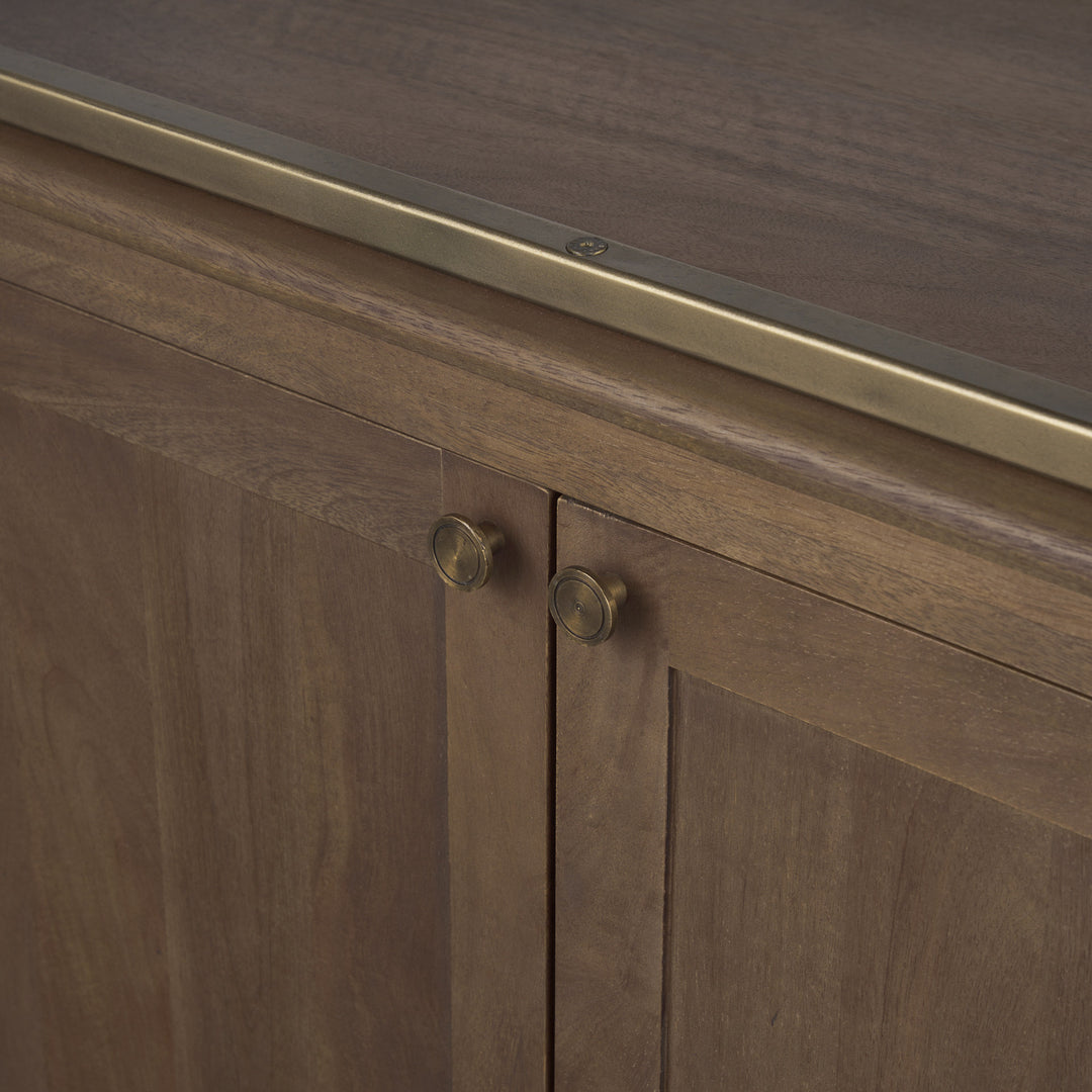 Baron Dark Brown Wood w/ Antiqued Aged Brass Metal 2-Door Open Shelving Unit Living Room Mercana