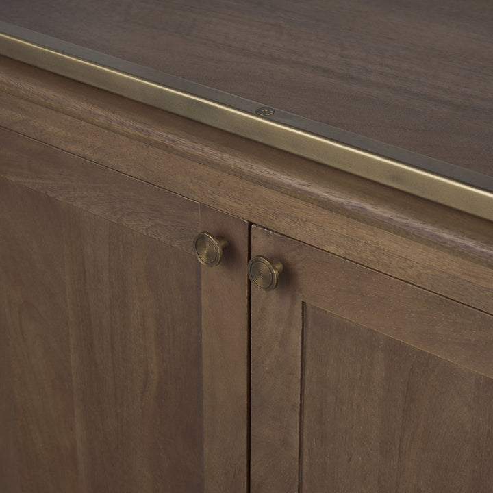 Baron Dark Brown Wood w/ Antiqued Aged Brass Metal 2-Door Open Shelving Unit Living Room Mercana