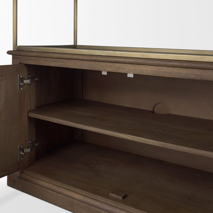 Baron Dark Brown Wood w/ Antiqued Aged Brass Metal 2-Door Open Shelving Unit Living Room Mercana
