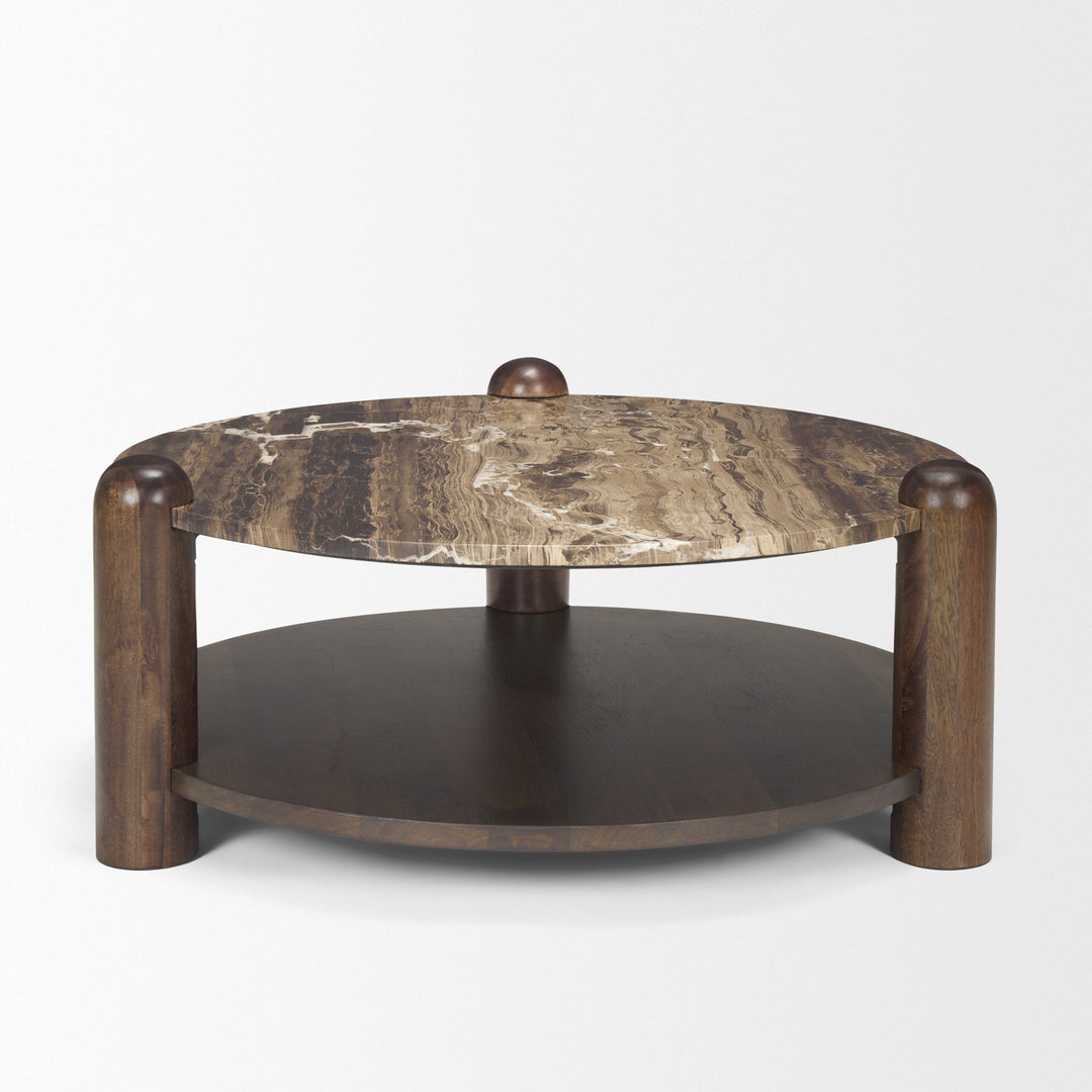 Jovia Brown Mango Wood W/ Cappuccino Marble Round Coffee Table Living Room Mercana