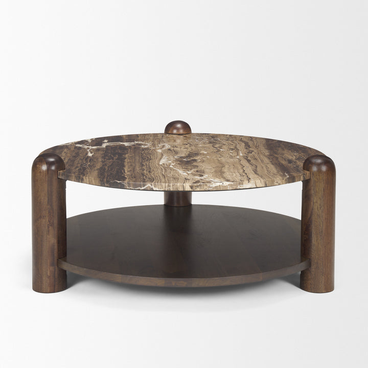 Jovia Brown Mango Wood W/ Cappuccino Marble Round Coffee Table Living Room Mercana