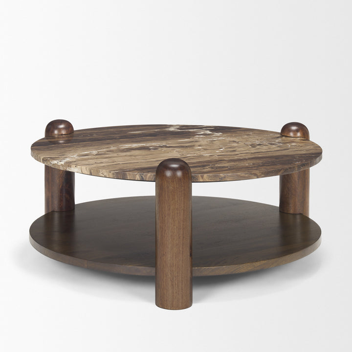 Jovia Brown Mango Wood W/ Cappuccino Marble Round Coffee Table Living Room Mercana