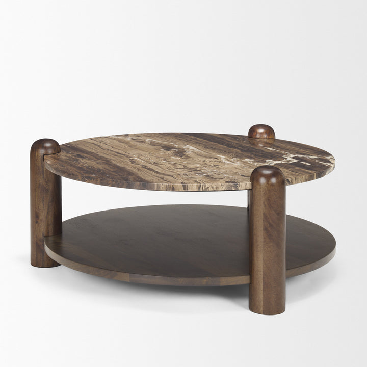 Jovia Brown Mango Wood W/ Cappuccino Marble Round Coffee Table Living Room Mercana