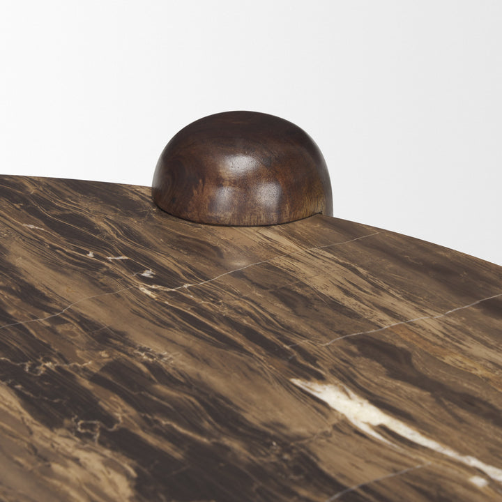 Jovia Brown Mango Wood W/ Cappuccino Marble Round Coffee Table Living Room Mercana