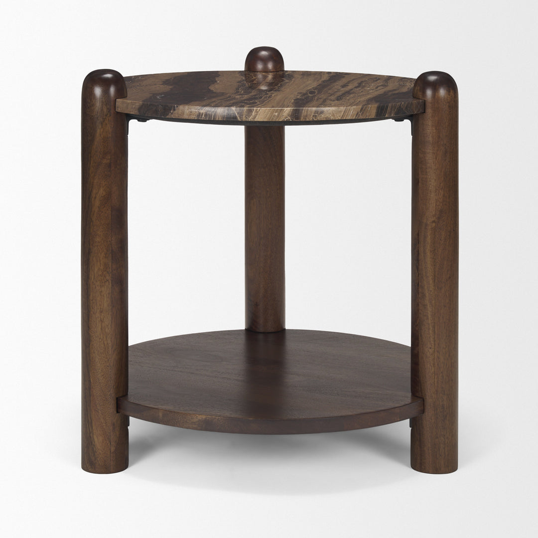 Jovia Brown Mango Wood W/ Cappuccino Marble Round Side Table Living Room Mercana