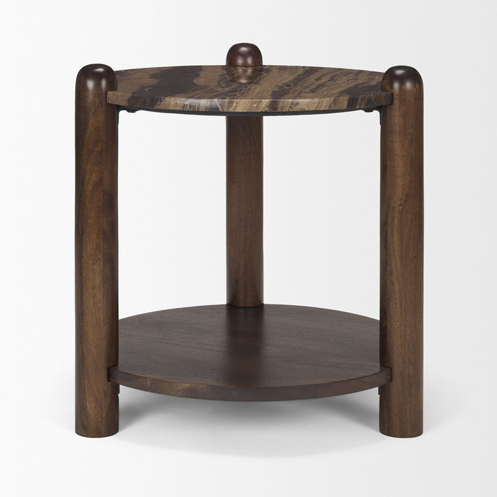 Jovia Brown Mango Wood W/ Cappuccino Marble Round Side Table Living Room Mercana